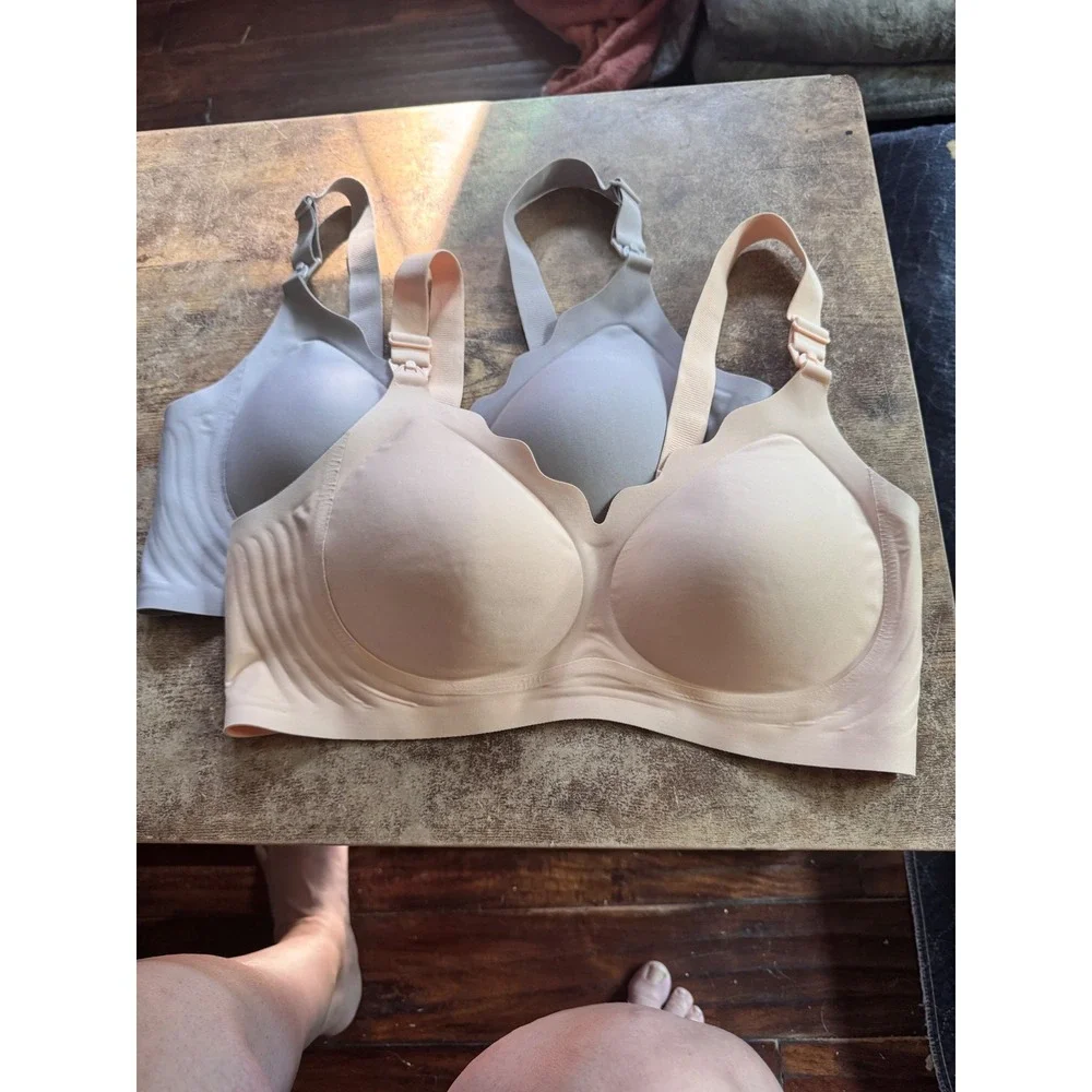 Momfree Nursing Bras  L Nude Grey 2-Pack Seamless Wireless Scalloped Maternity